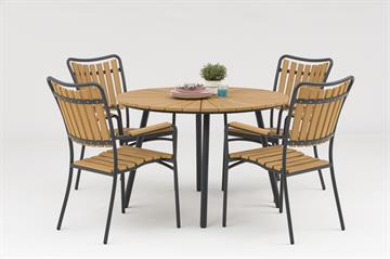 Runt trädgårdsbord + 4 stolar av ny träfärgad Artwood.